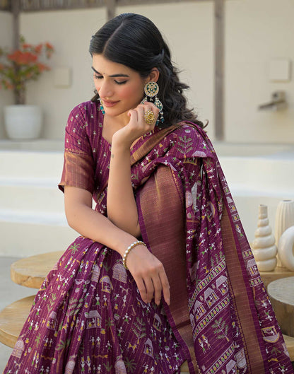 Magenta Silk Printed Zari Stripe Saree 