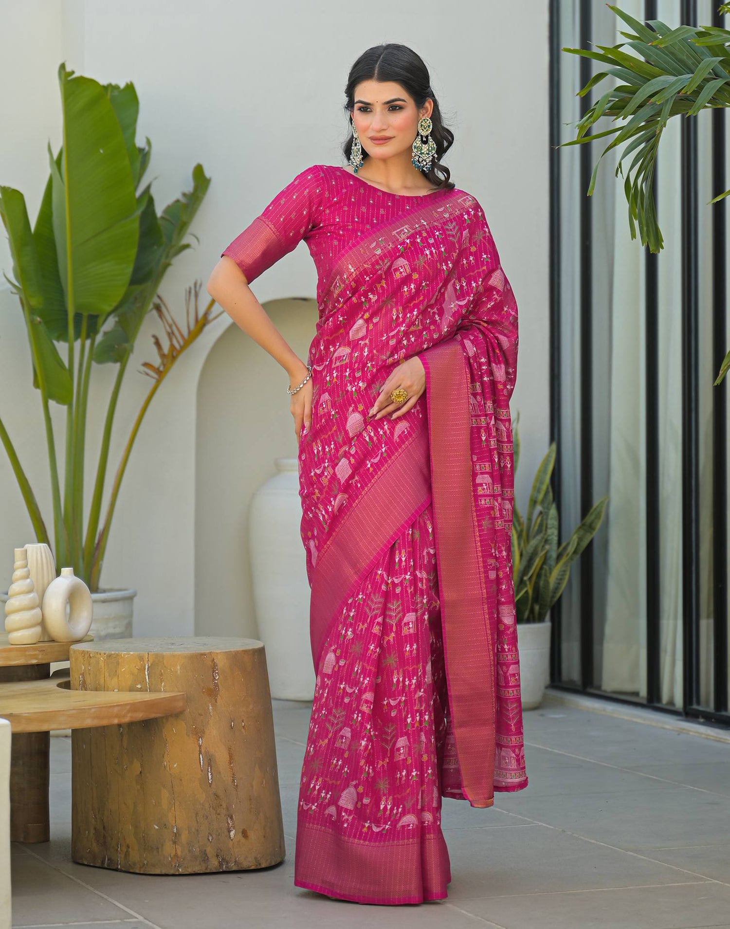 Pink Silk Printed Zari Stripe Saree 