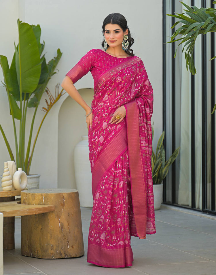 Pink Silk Printed Zari Stripe Saree 