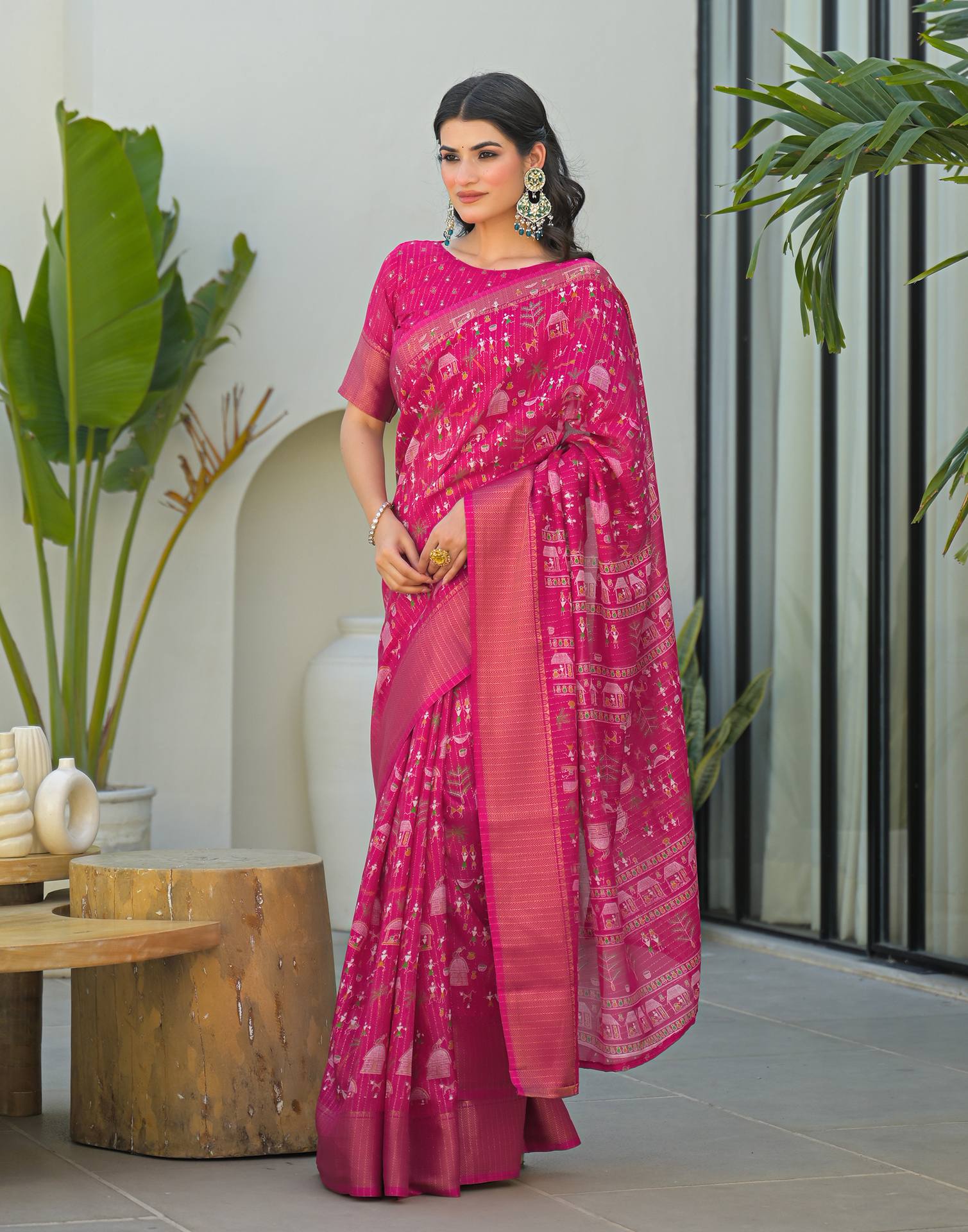 Pink Silk Printed Zari Stripe Saree 