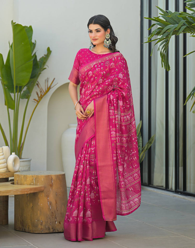 Pink Silk Printed Zari Stripe Saree 