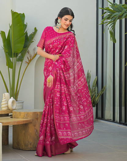 Pink Silk Printed Zari Stripe Saree 