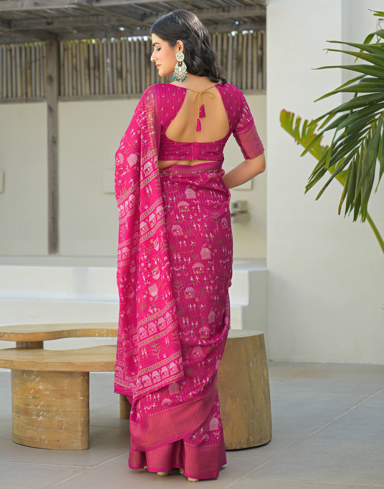 Pink Silk Printed Zari Stripe Saree 