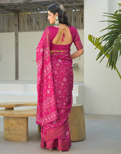 Pink Silk Printed Zari Stripe Saree 
