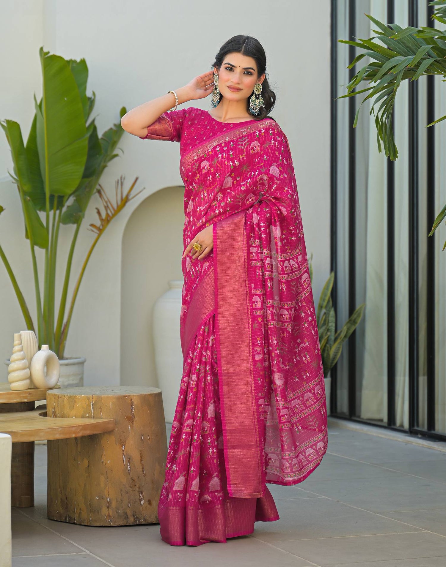 Pink Silk Printed Zari Stripe Saree 