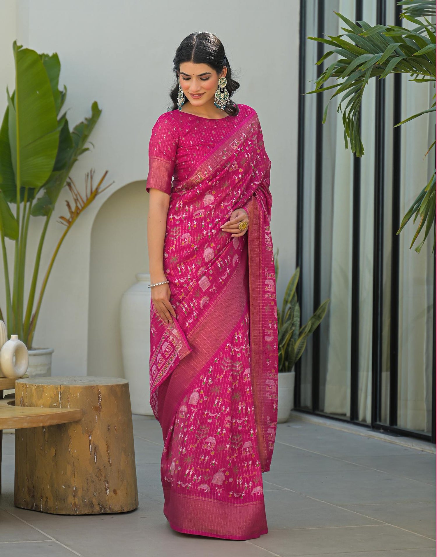 Pink Silk Printed Zari Stripe Saree 