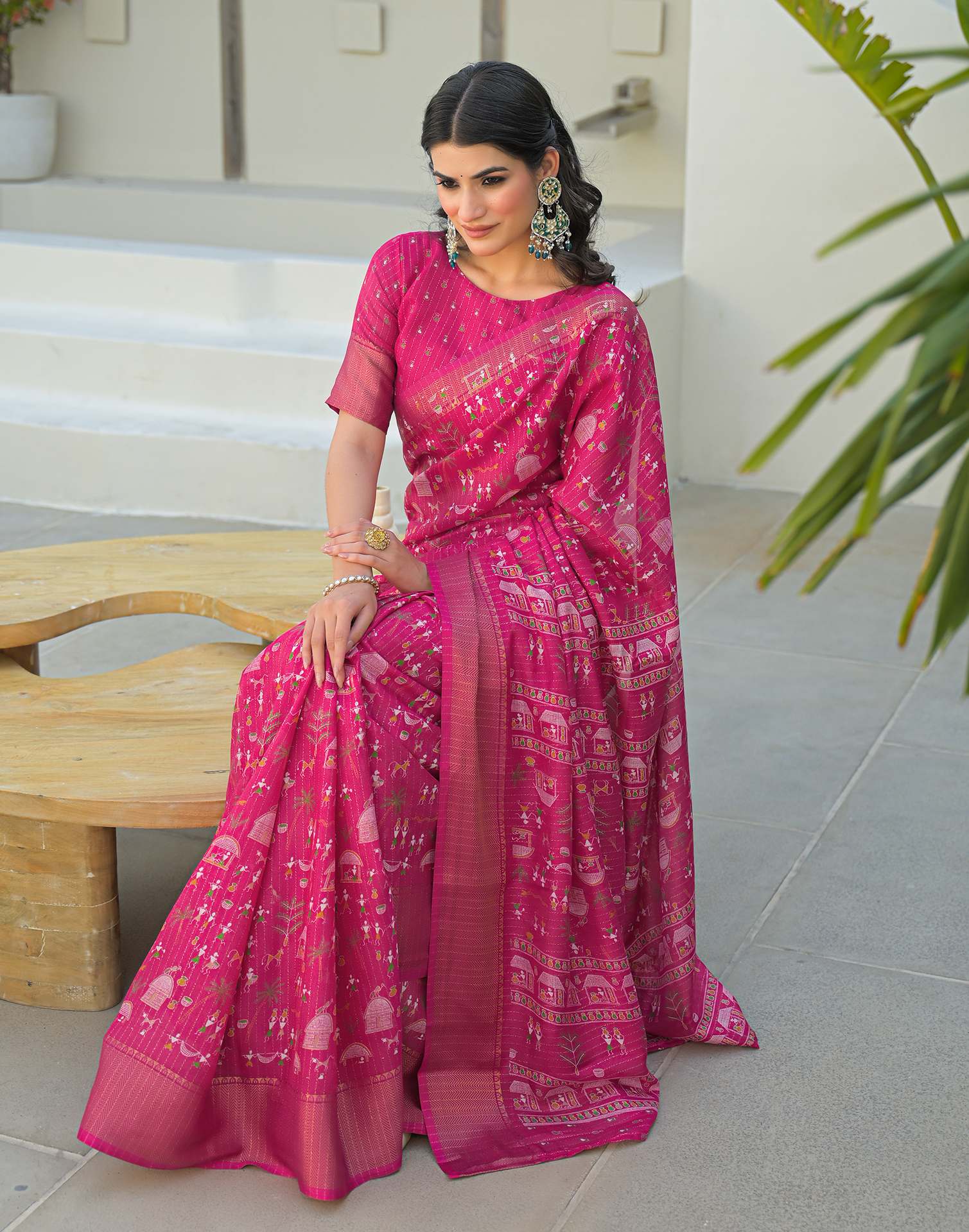 Pink Silk Printed Zari Stripe Saree 