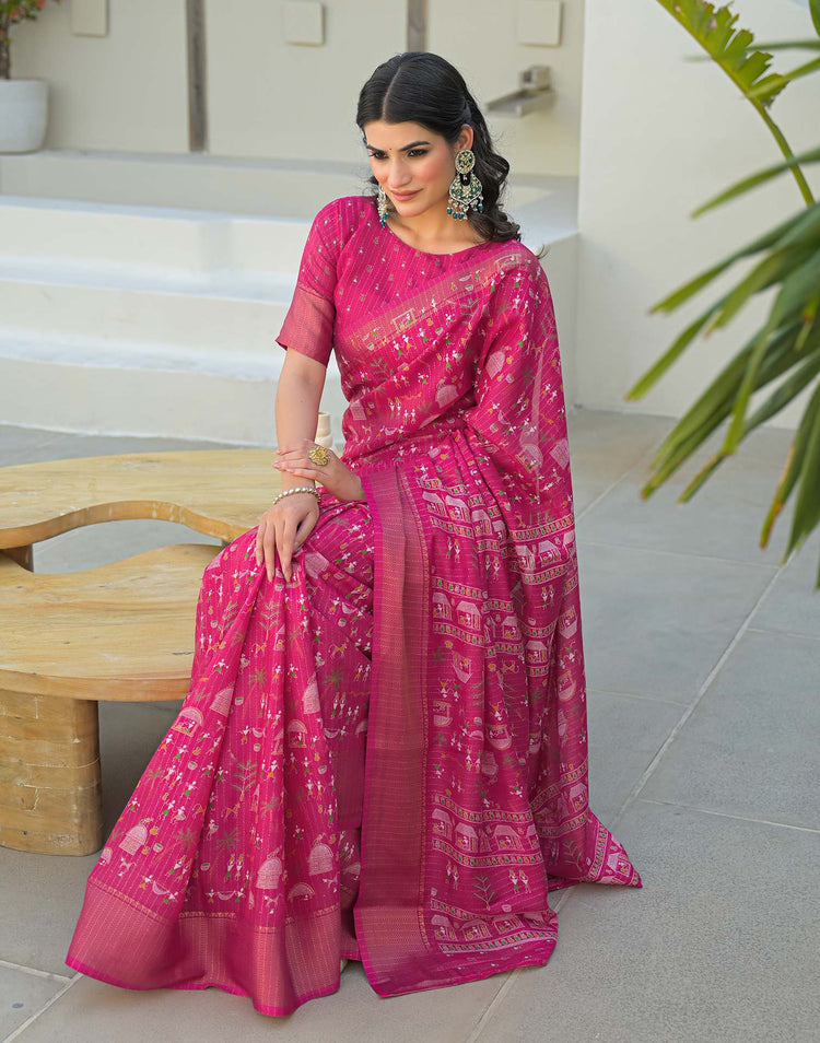 Pink Silk Printed Zari Stripe Saree 