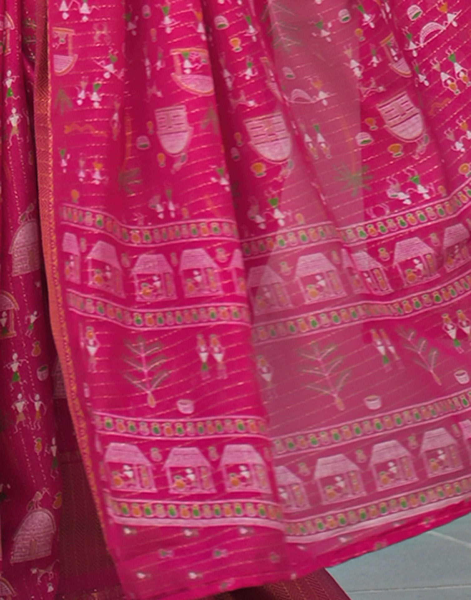 Pink Silk Printed Zari Stripe Saree 