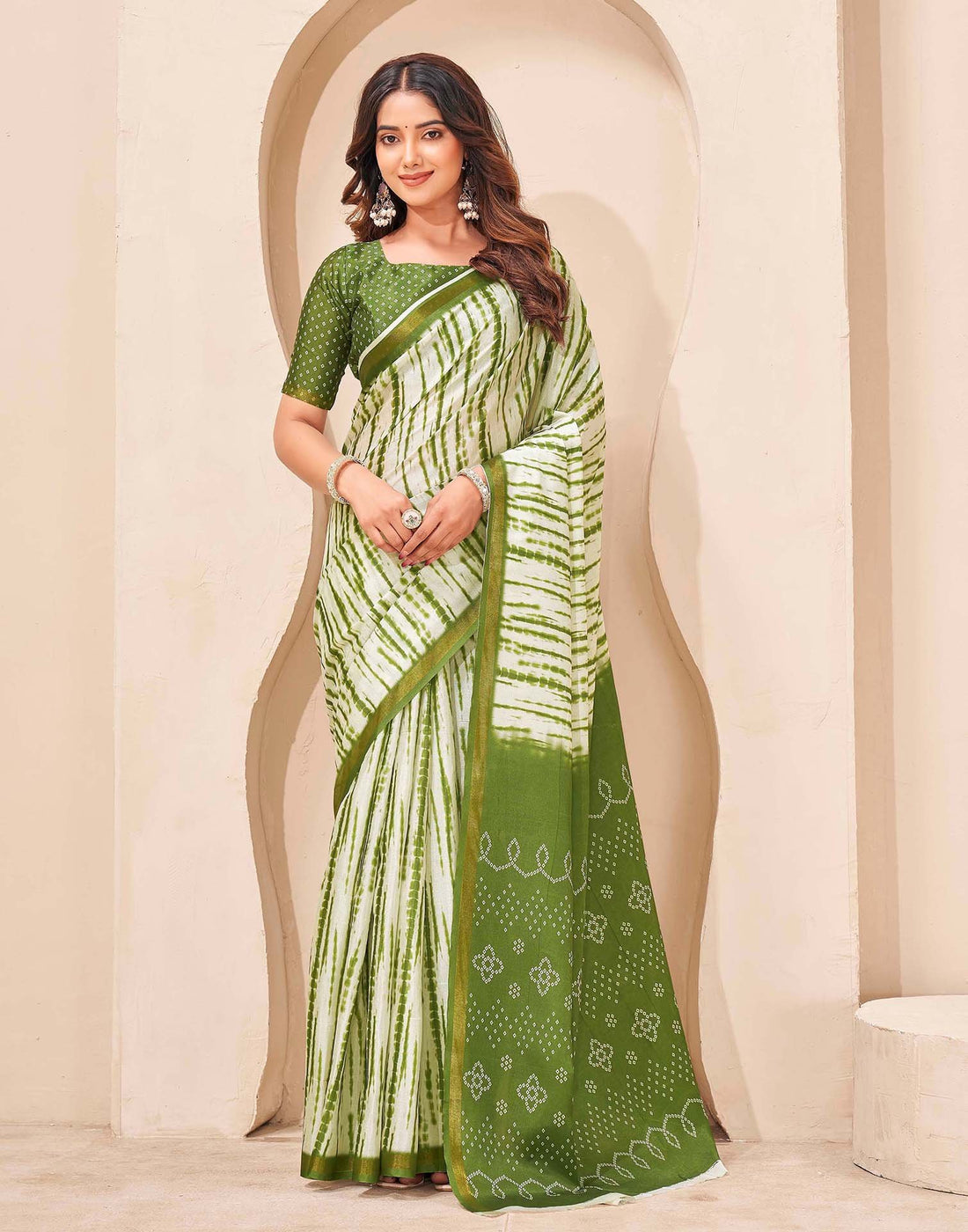 Mehandi Green Silk Printed Zari Stripe Saree