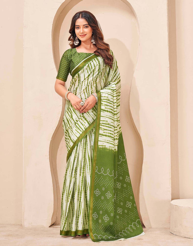 Mehandi Green Silk Printed Zari Stripe Saree