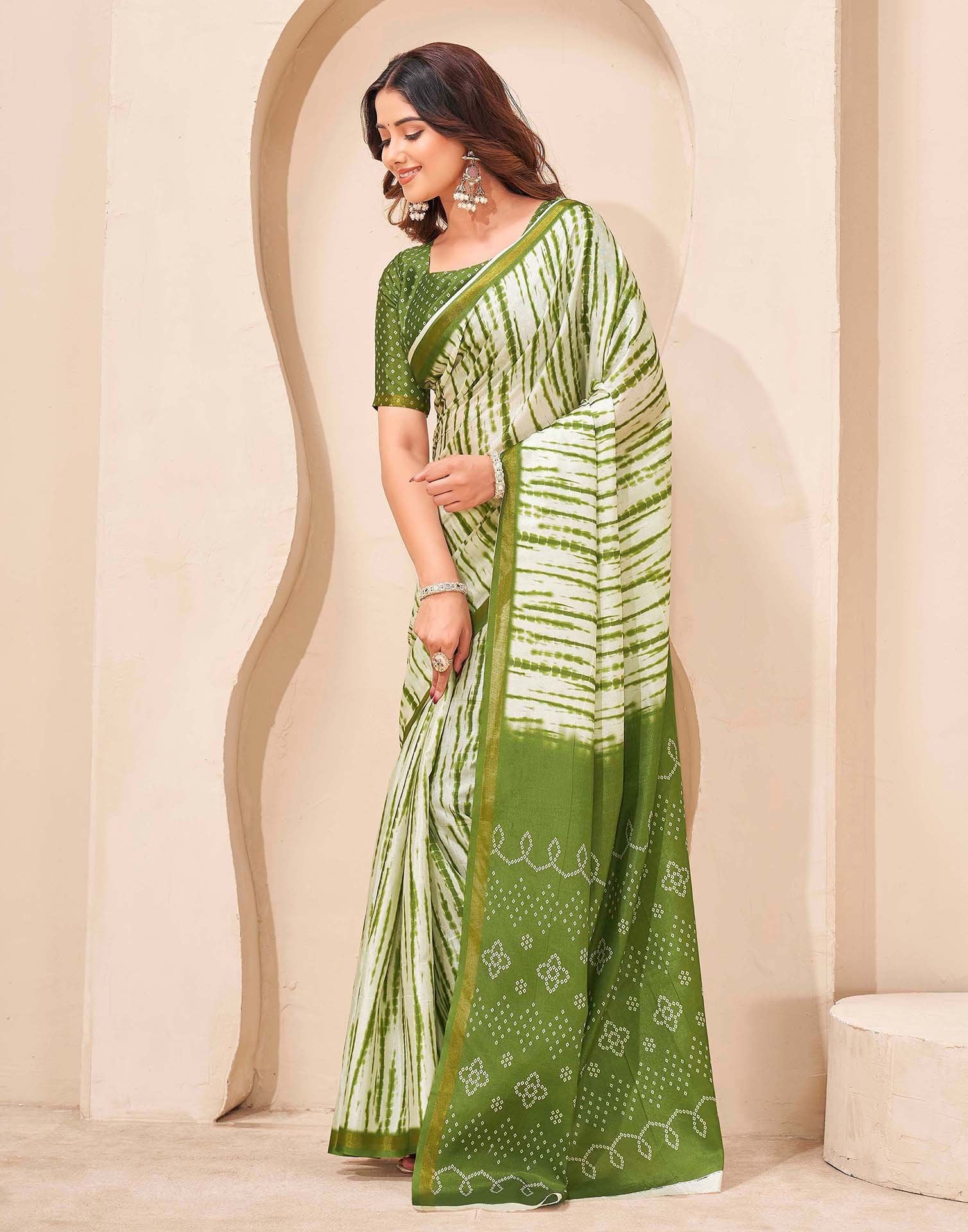 Mehandi Green Silk Printed Zari Stripe Saree