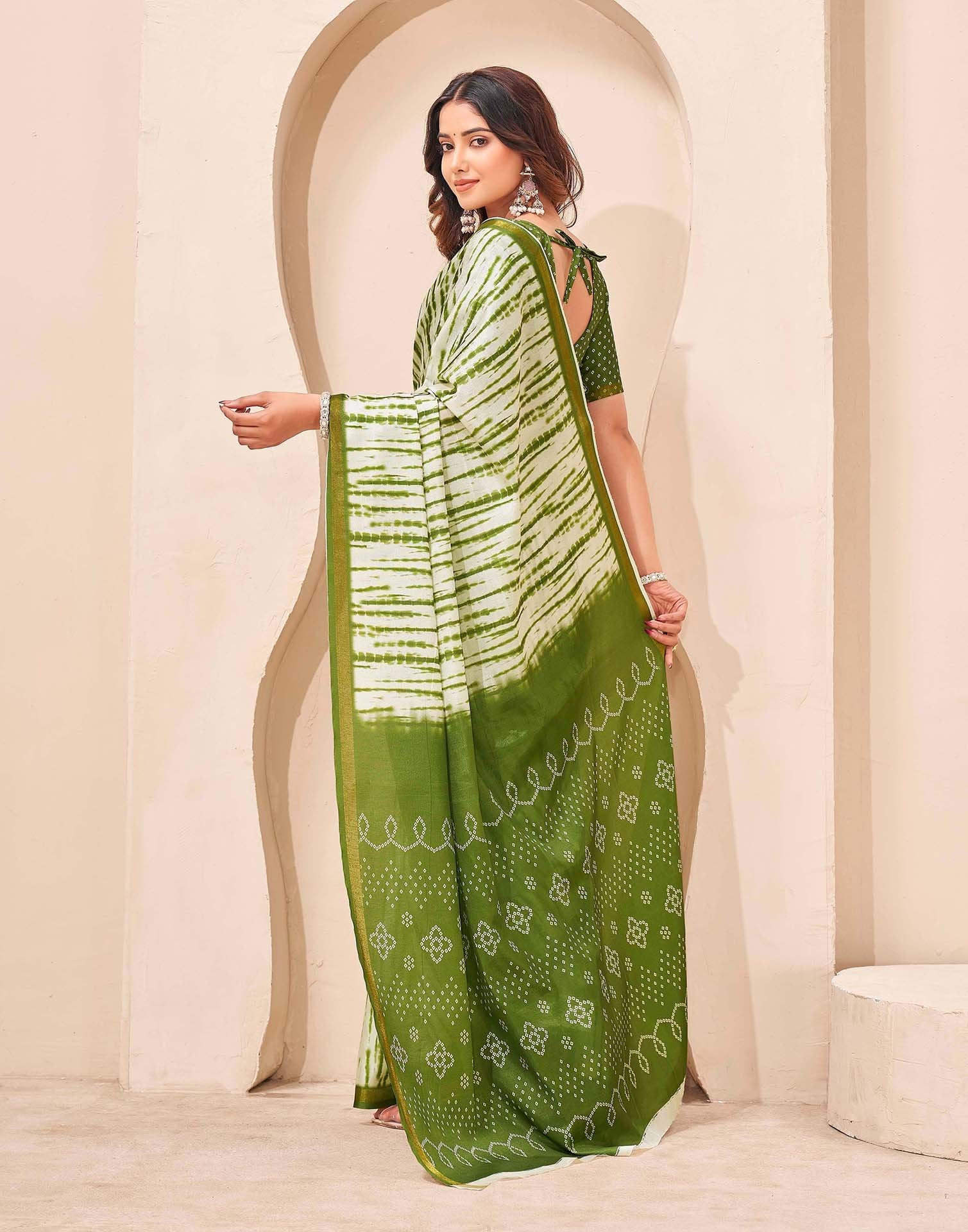 Mehandi Green Silk Printed Zari Stripe Saree
