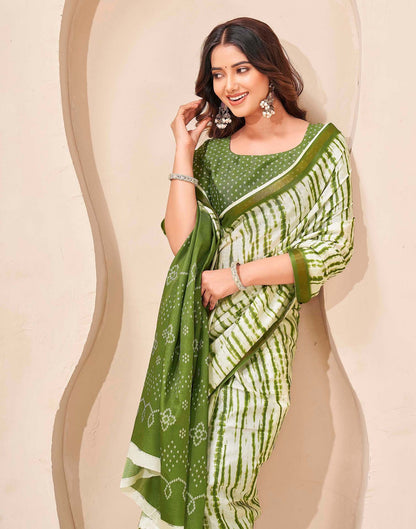 Mehandi Green Silk Printed Zari Stripe Saree