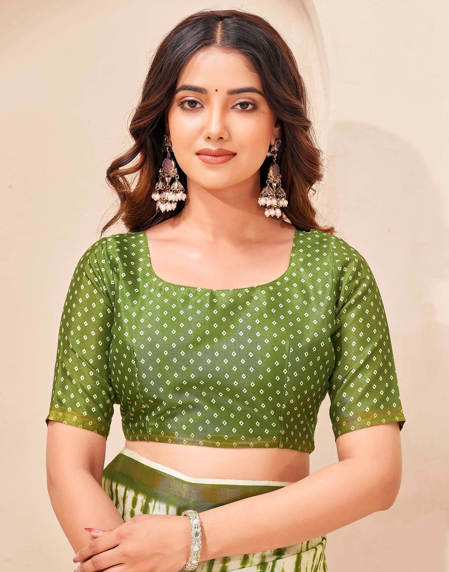 Mehandi Green Silk Printed Zari Stripe Saree