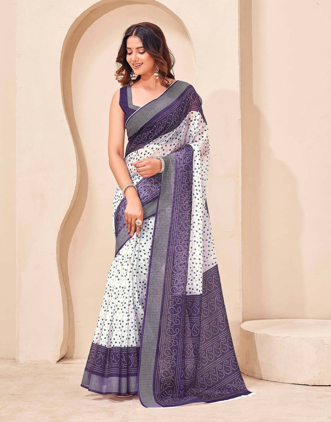 Purple Linen Bandhani Printed Saree