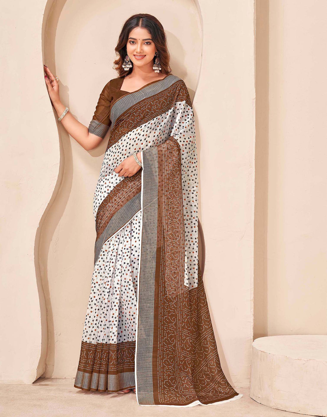 Brown Linen Bandhani Printed Saree