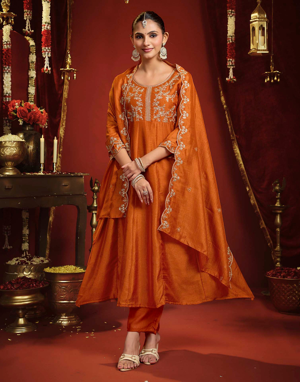 Burnt Orange Vichitra Silk Embroidery Flared Anarkali Kurta Set With Dupatta