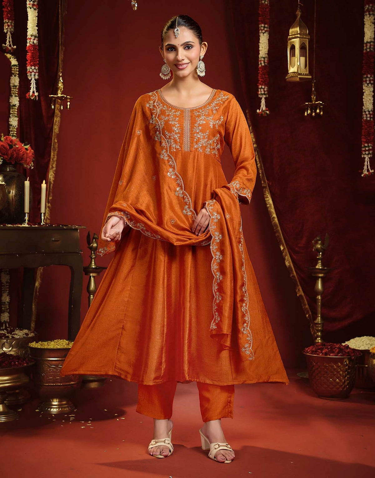 Burnt Orange Vichitra Silk Embroidery Flared Anarkali Kurta Set With Dupatta