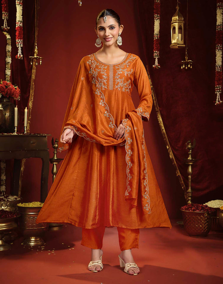 Burnt Orange Vichitra Silk Embroidery Flared Anarkali Kurta Set With Dupatta