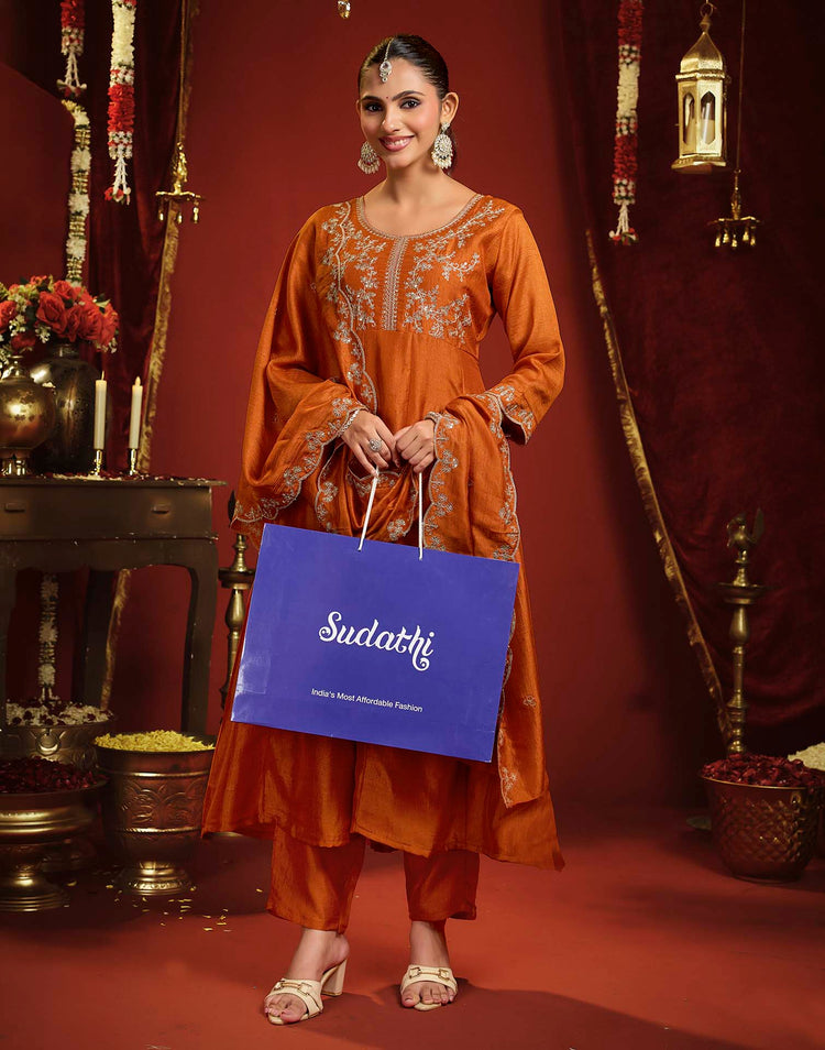 Burnt Orange Vichitra Silk Embroidery Flared Anarkali Kurta Set With Dupatta