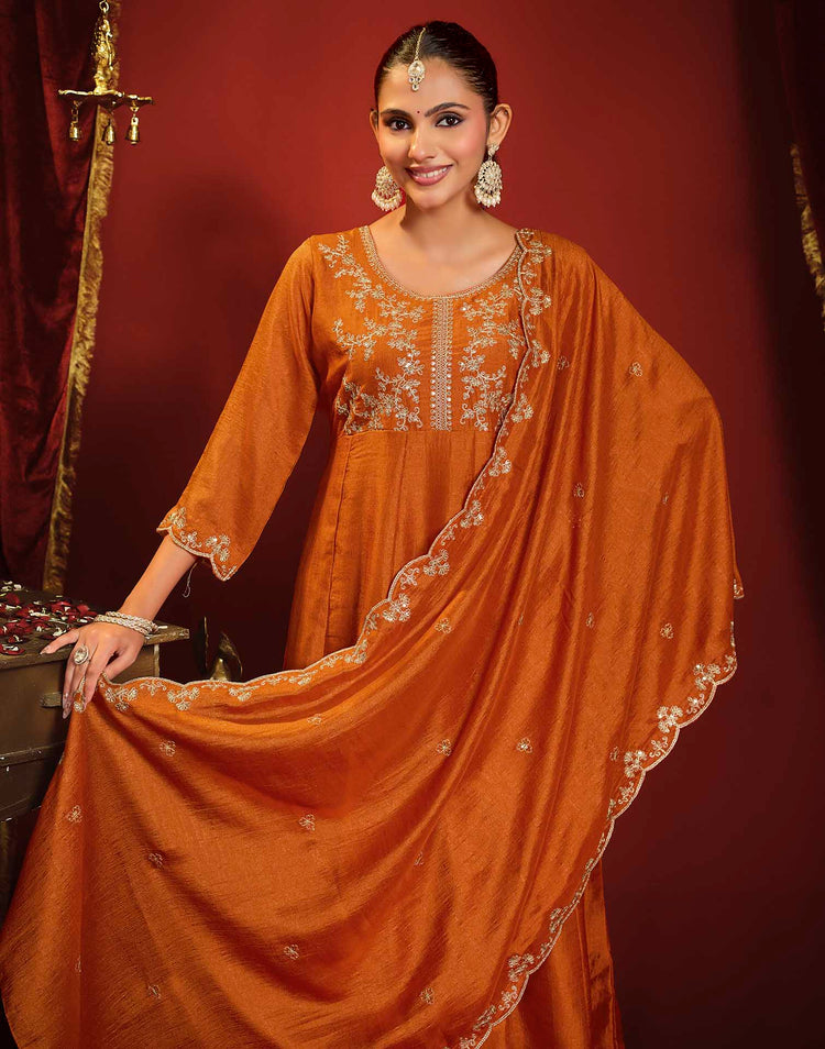 Burnt Orange Vichitra Silk Embroidery Flared Anarkali Kurta Set With Dupatta