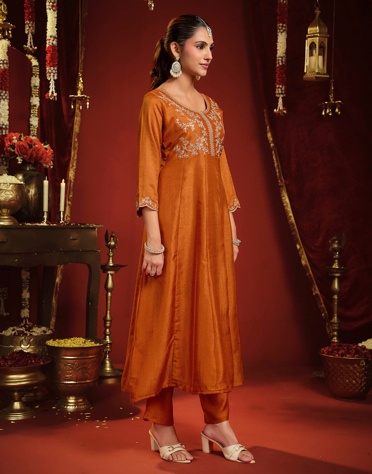 Burnt Orange Vichitra Silk Embroidery Flared Anarkali Kurta Set With Dupatta
