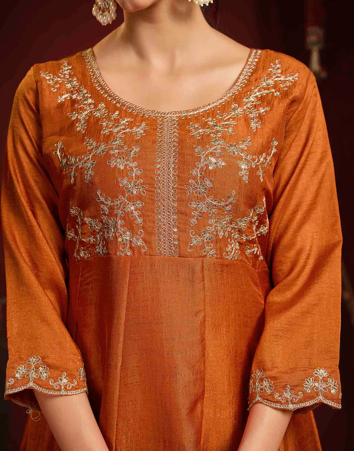 Burnt Orange Vichitra Silk Embroidery Flared Anarkali Kurta Set With Dupatta