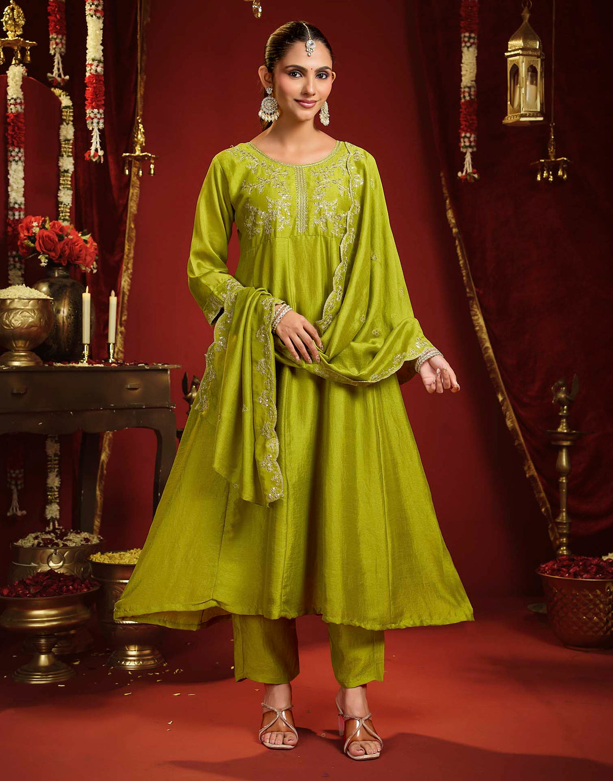 Lime Green Vichitra Silk Embroidery Flared Anarkali Kurta Set With Dupatta