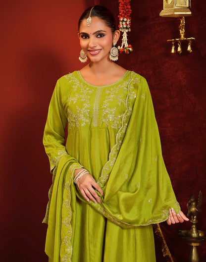 Lime Green Vichitra Silk Embroidery Flared Anarkali Kurta Set With Dupatta