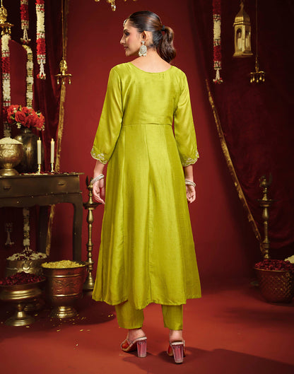 Lime Green Vichitra Silk Embroidery Flared Anarkali Kurta Set With Dupatta