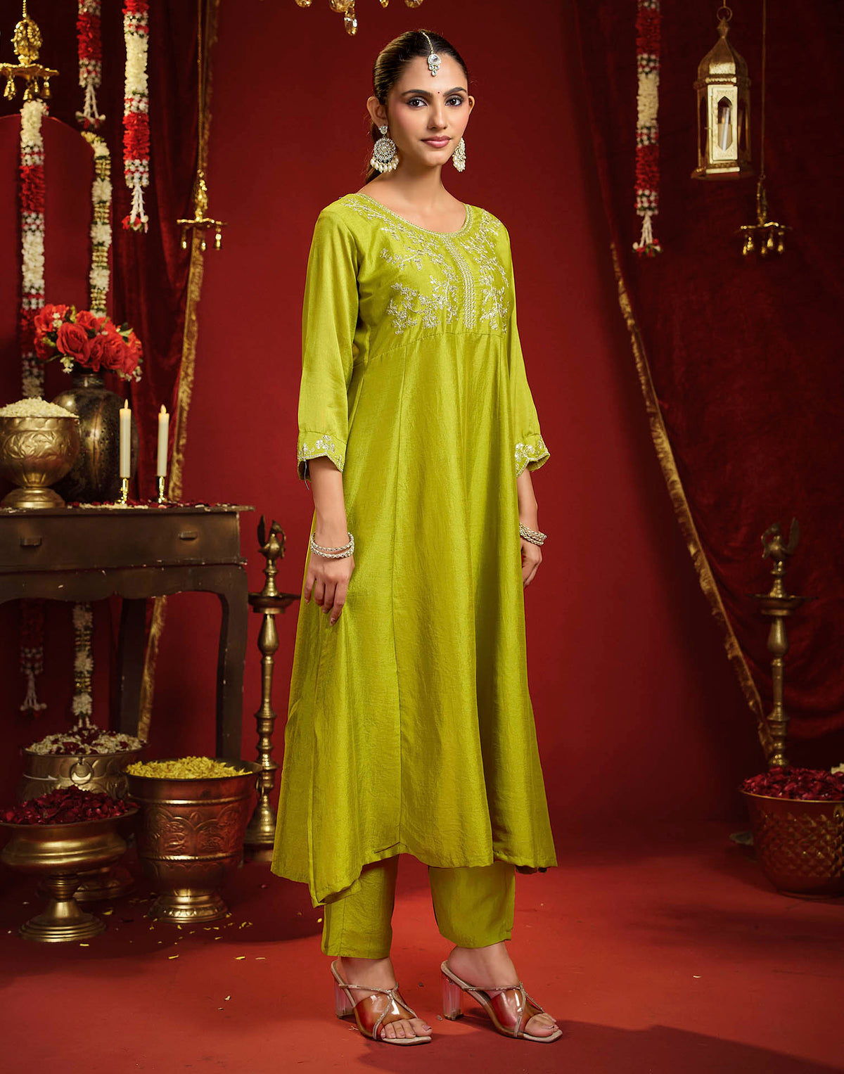 Lime Green Vichitra Silk Embroidery Flared Anarkali Kurta Set With Dupatta