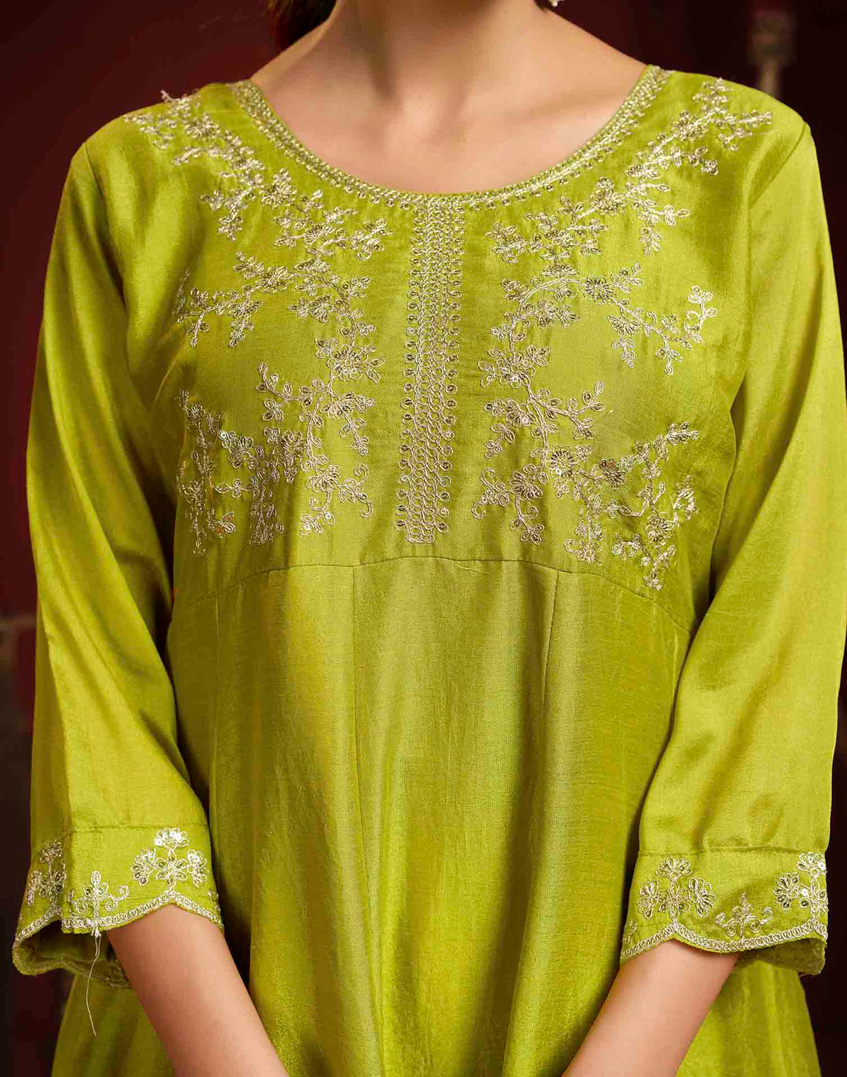 Lime Green Vichitra Silk Embroidery Flared Anarkali Kurta Set With Dupatta