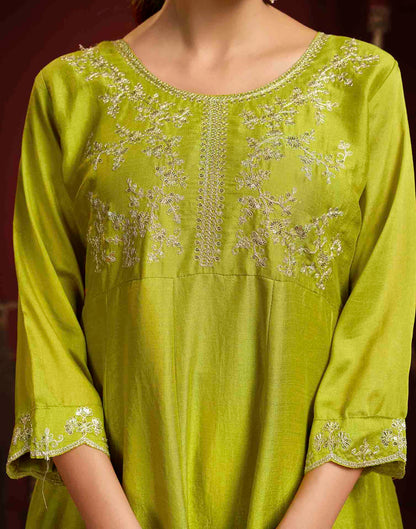 Lime Green Vichitra Silk Embroidery Flared Anarkali Kurta Set With Dupatta