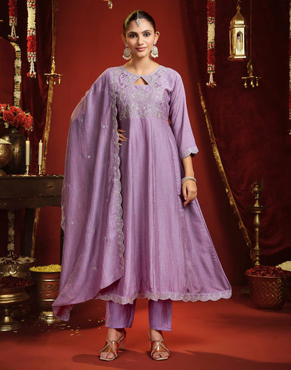 Dusty Lavender Vichitra Silk Embroidery Flared Anarkali Kurta Set With Dupatta