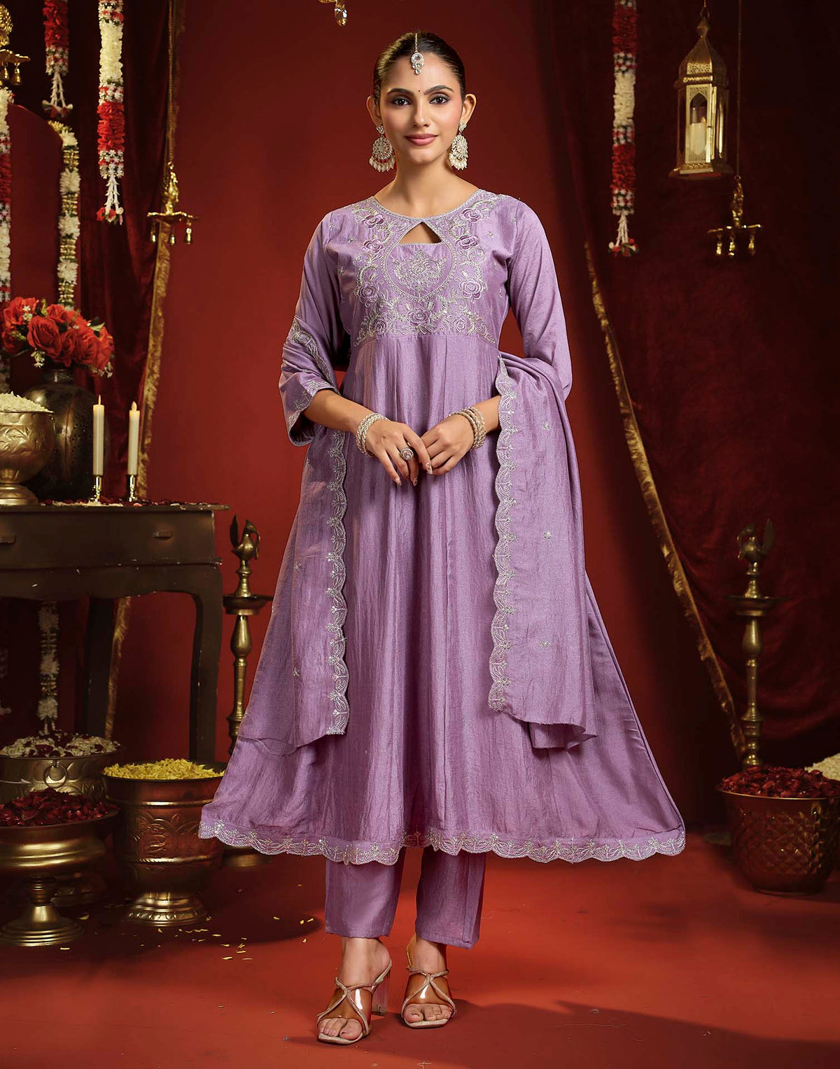 Dusty Lavender Vichitra Silk Embroidery Flared Anarkali Kurta Set With Dupatta