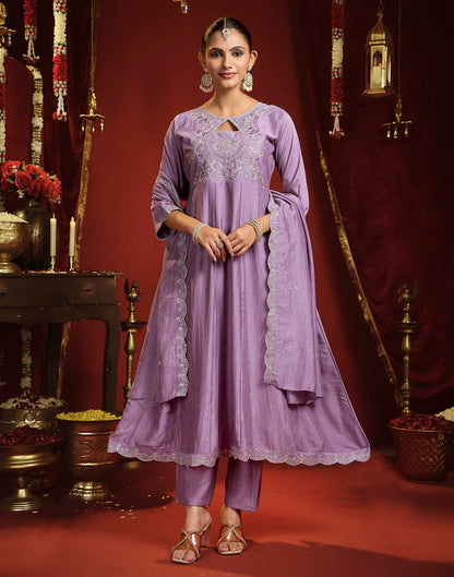 Dusty Lavender Vichitra Silk Embroidery Flared Anarkali Kurta Set With Dupatta