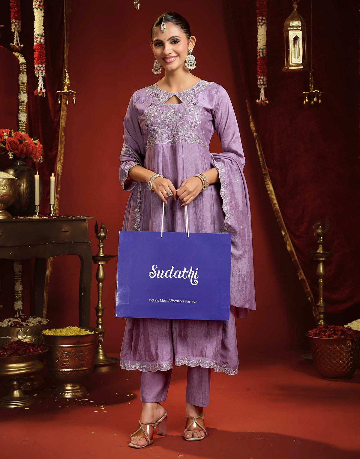 Dusty Lavender Vichitra Silk Embroidery Flared Anarkali Kurta Set With Dupatta