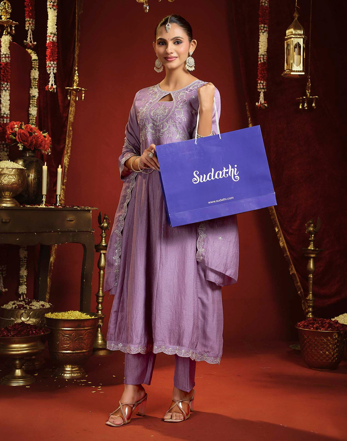 Dusty Lavender Vichitra Silk Embroidery Flared Anarkali Kurta Set With Dupatta