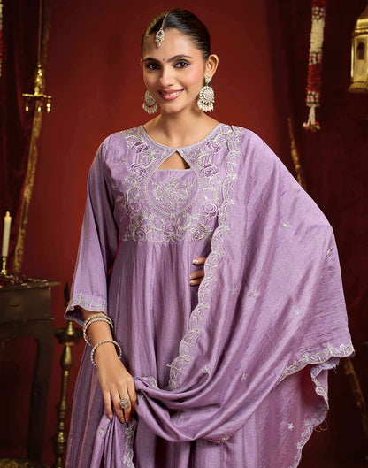 Dusty Lavender Vichitra Silk Embroidery Flared Anarkali Kurta Set With Dupatta