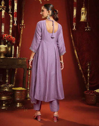 Dusty Lavender Vichitra Silk Embroidery Flared Anarkali Kurta Set With Dupatta