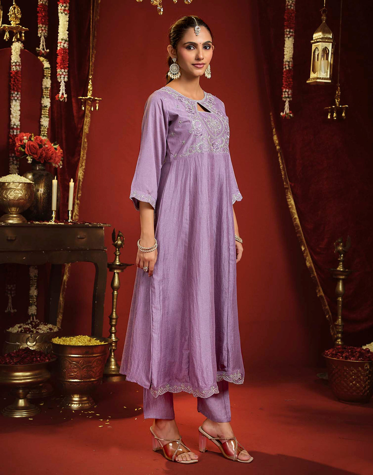 Dusty Lavender Vichitra Silk Embroidery Flared Anarkali Kurta Set With Dupatta
