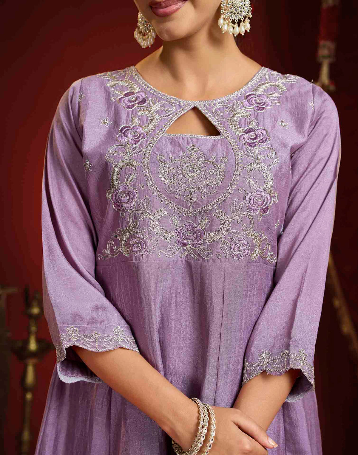 Dusty Lavender Vichitra Silk Embroidery Flared Anarkali Kurta Set With Dupatta