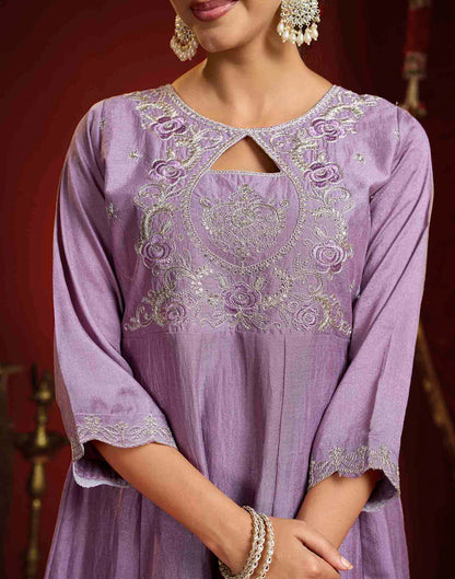 Dusty Lavender Vichitra Silk Embroidery Flared Anarkali Kurta Set With Dupatta