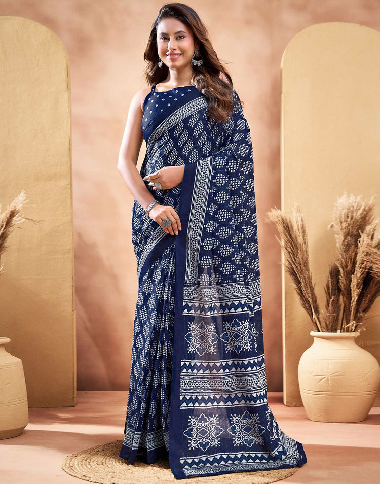 Ready To Wear Navy Blue Cotton Printed Saree