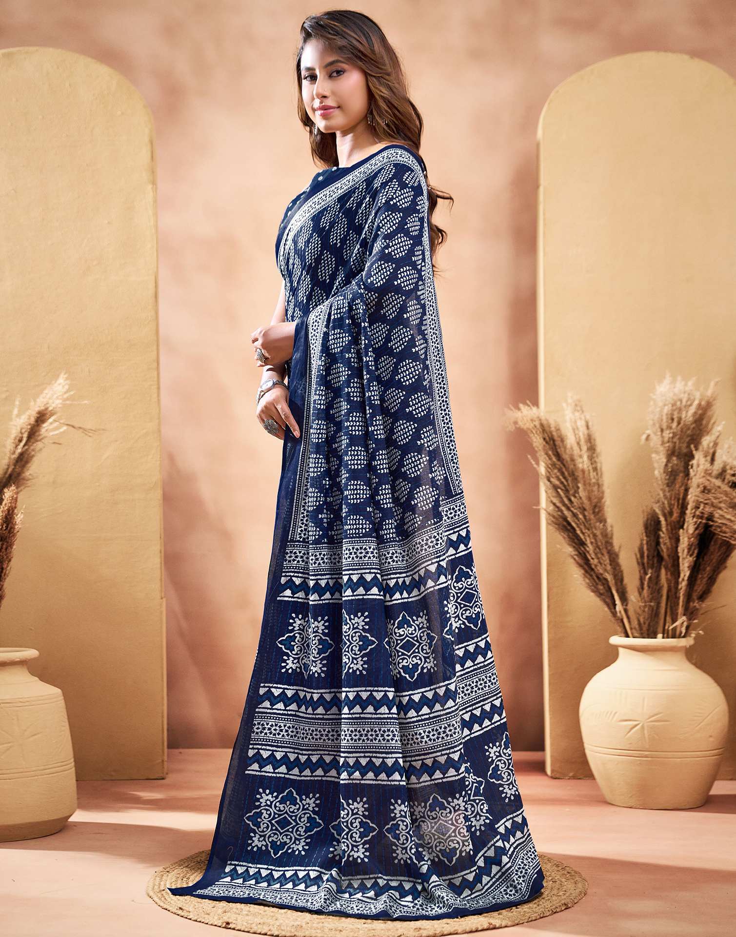 Ready To Wear Navy Blue Cotton Printed Saree