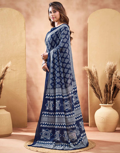 Ready To Wear Navy Blue Cotton Printed Saree