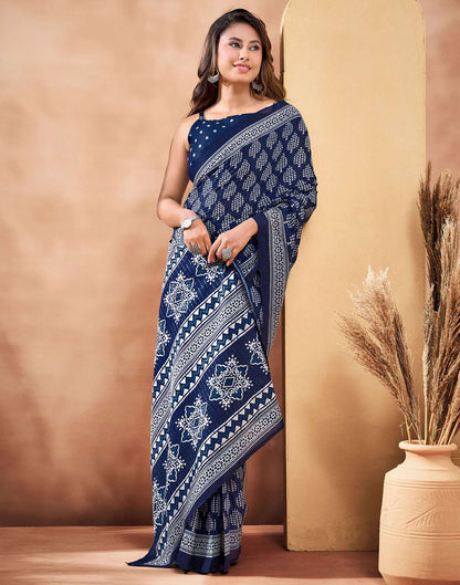 Ready To Wear Navy Blue Cotton Printed Saree