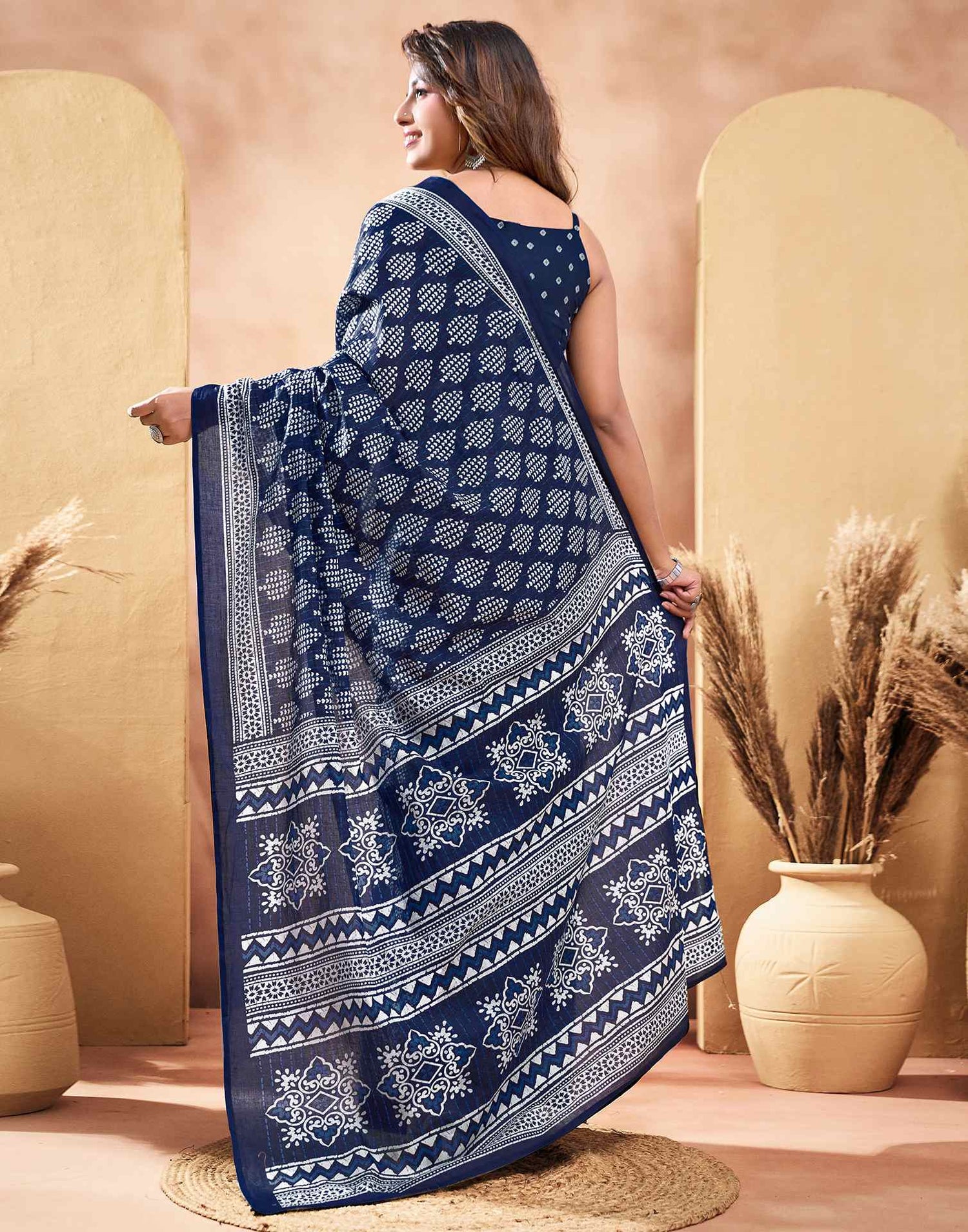 Ready To Wear Navy Blue Cotton Printed Saree