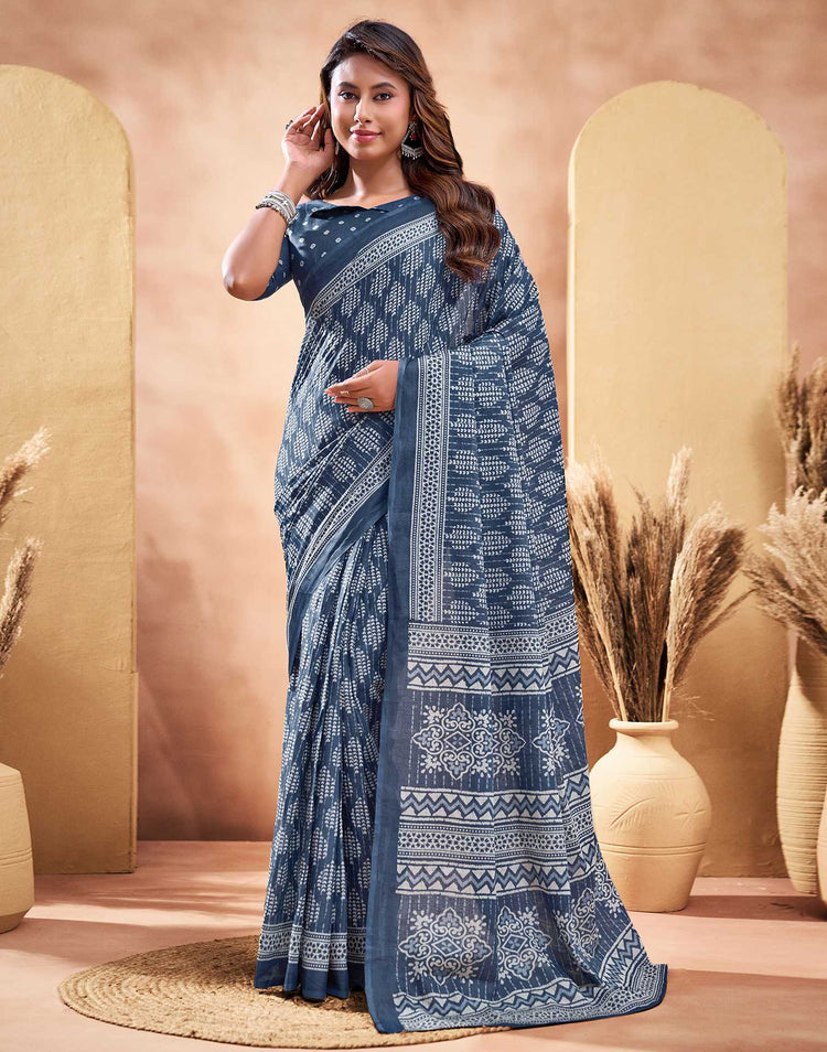 Ready To Wear Blue Cotton Printed Saree